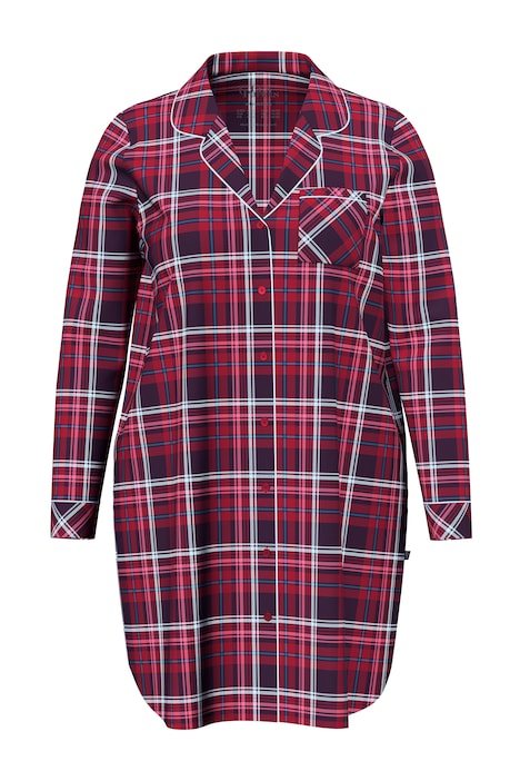 Noční košile, kostkovaný vzor, klopový límec, dlouhé rukávy, flanel