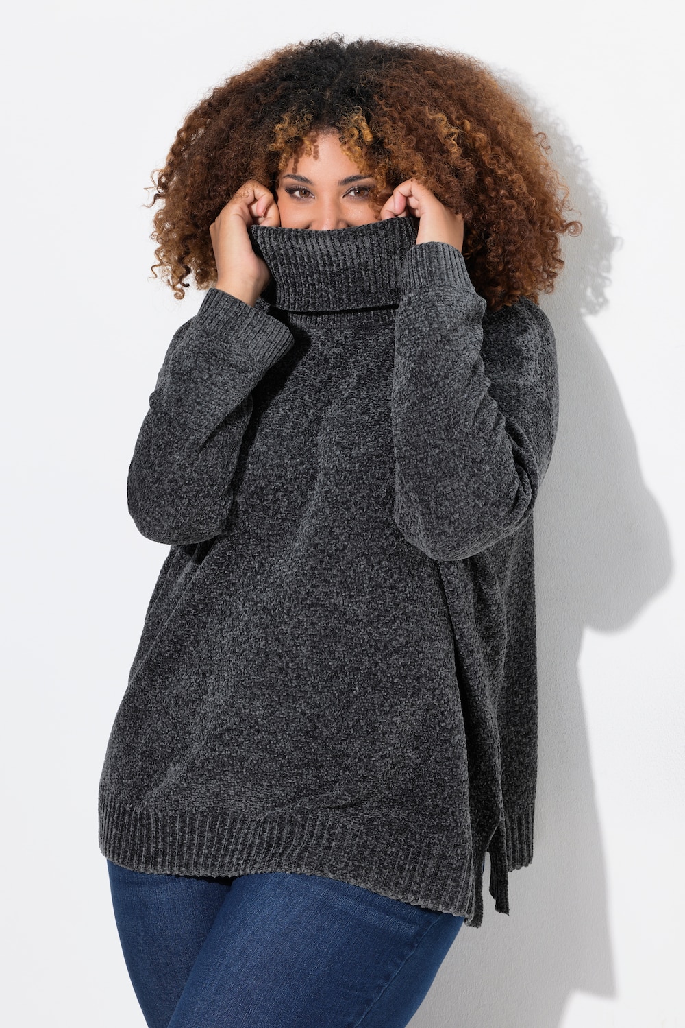 Chenille-Pullover, Oversized, Stehkragen, Langarm