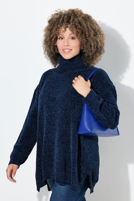 Pull oversize en maille chenille, col montant et manches longues
