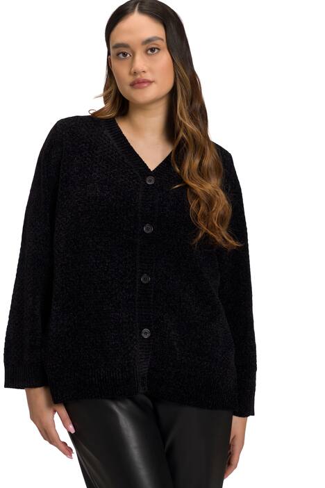 Žinilkový rozepínací svetr, sametově měkký, výstřih do V, knoflíky