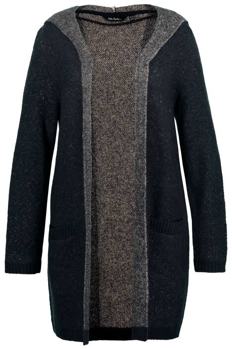 Dlouhý rozepínací svetr, pruhy na zádech, kapuce, otevřený střih