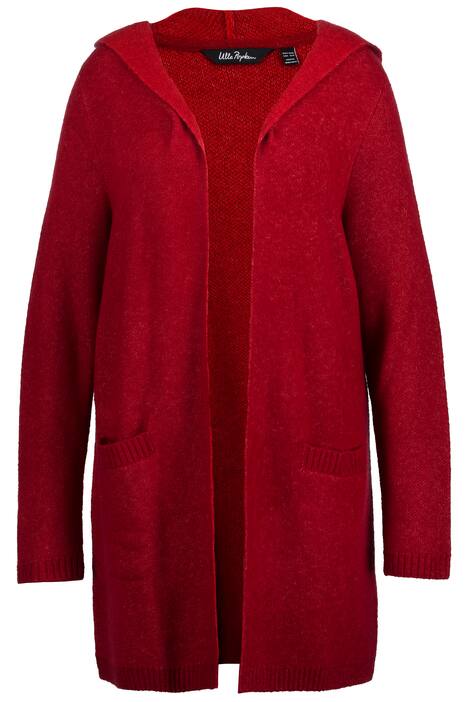 Dlouhý rozepínací svetr, pruhy na zádech, kapuce, otevřený střih