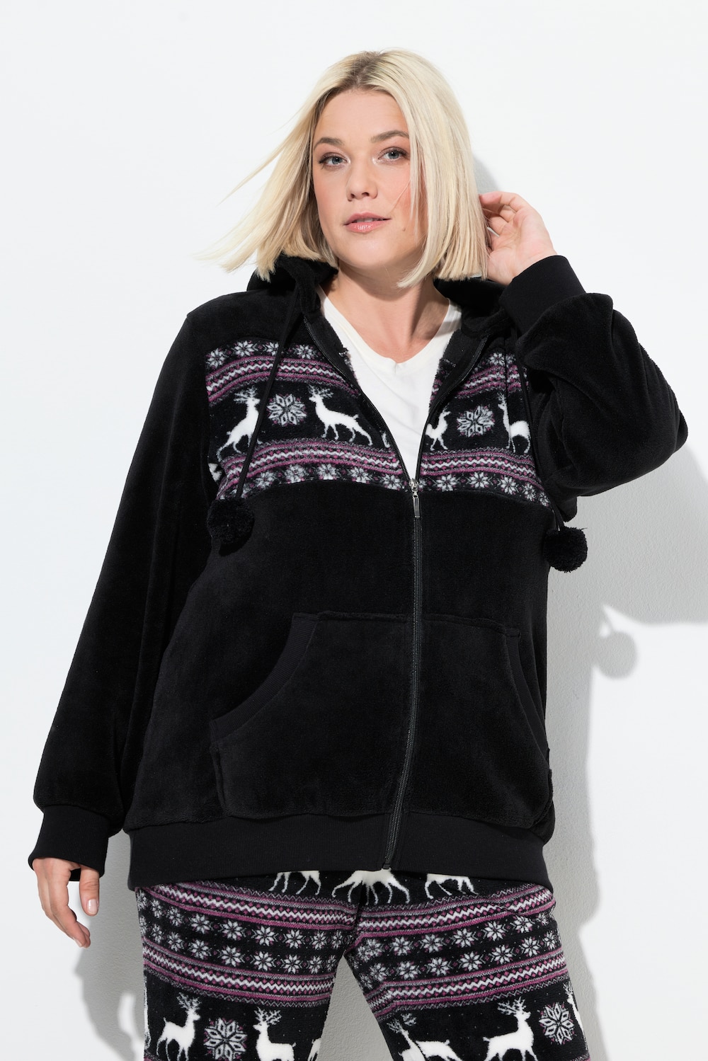 Homewear-Jacke, Norwegermuster, Kapuze, Plüsch