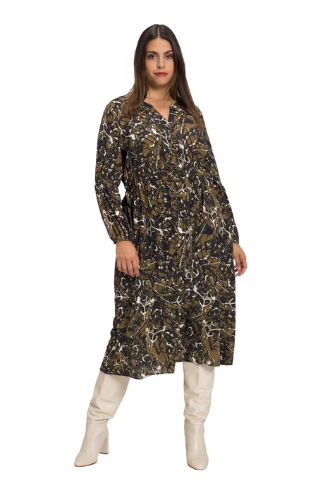 Midi šaty, metalický efekt, výstřih do V, dlouhé rukávy