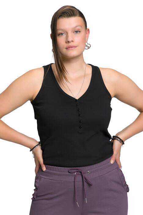 Top, Slim střih, žebrovaný žerzej, výstřih do V, knoflíková léga