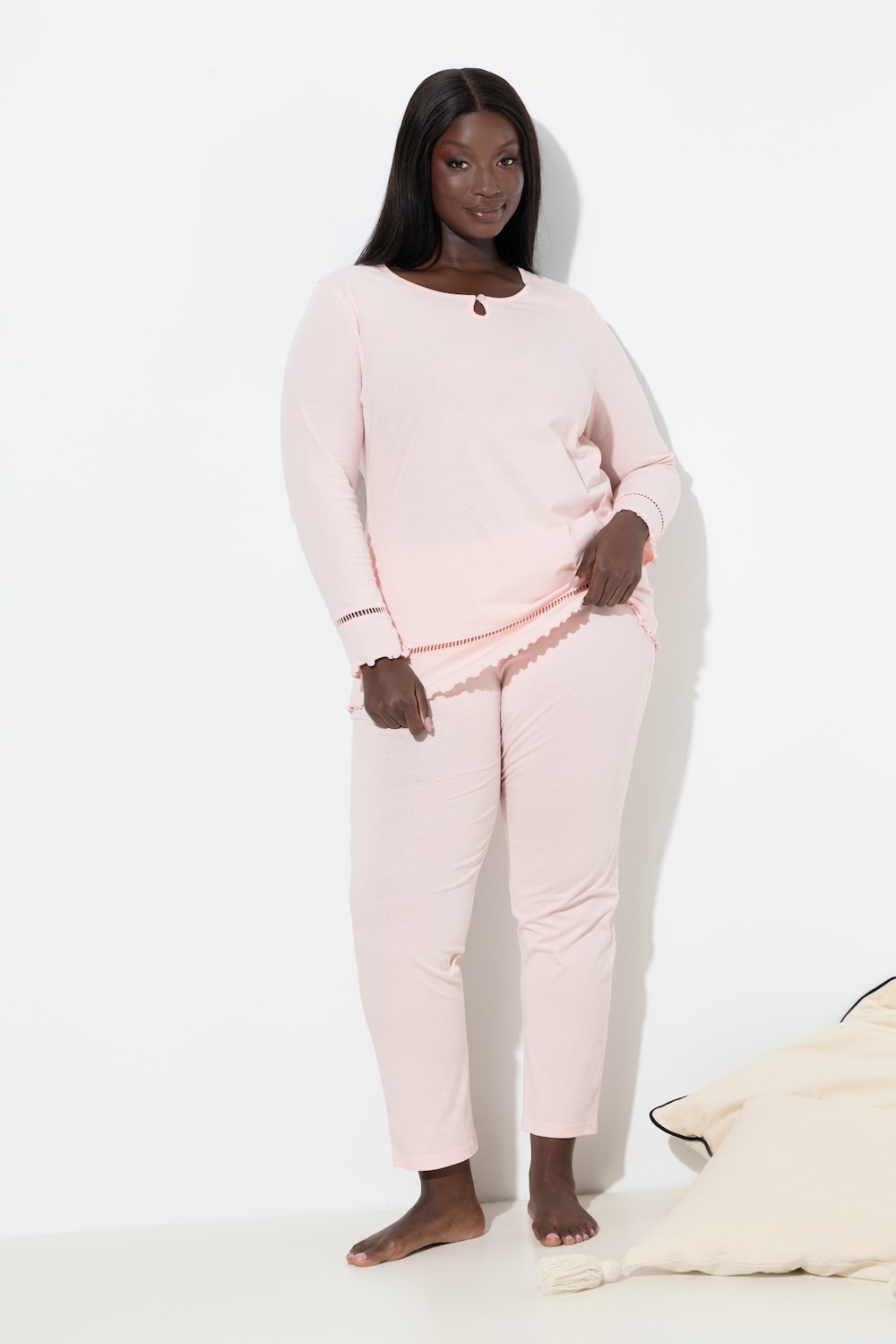 Pyjama, Hohlsaum, Wellenkanten, Rundhals, Langarm