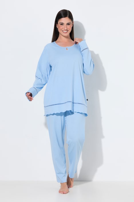 Pyjama, Hohlsaum, Wellenkanten, Rundhals, Langarm