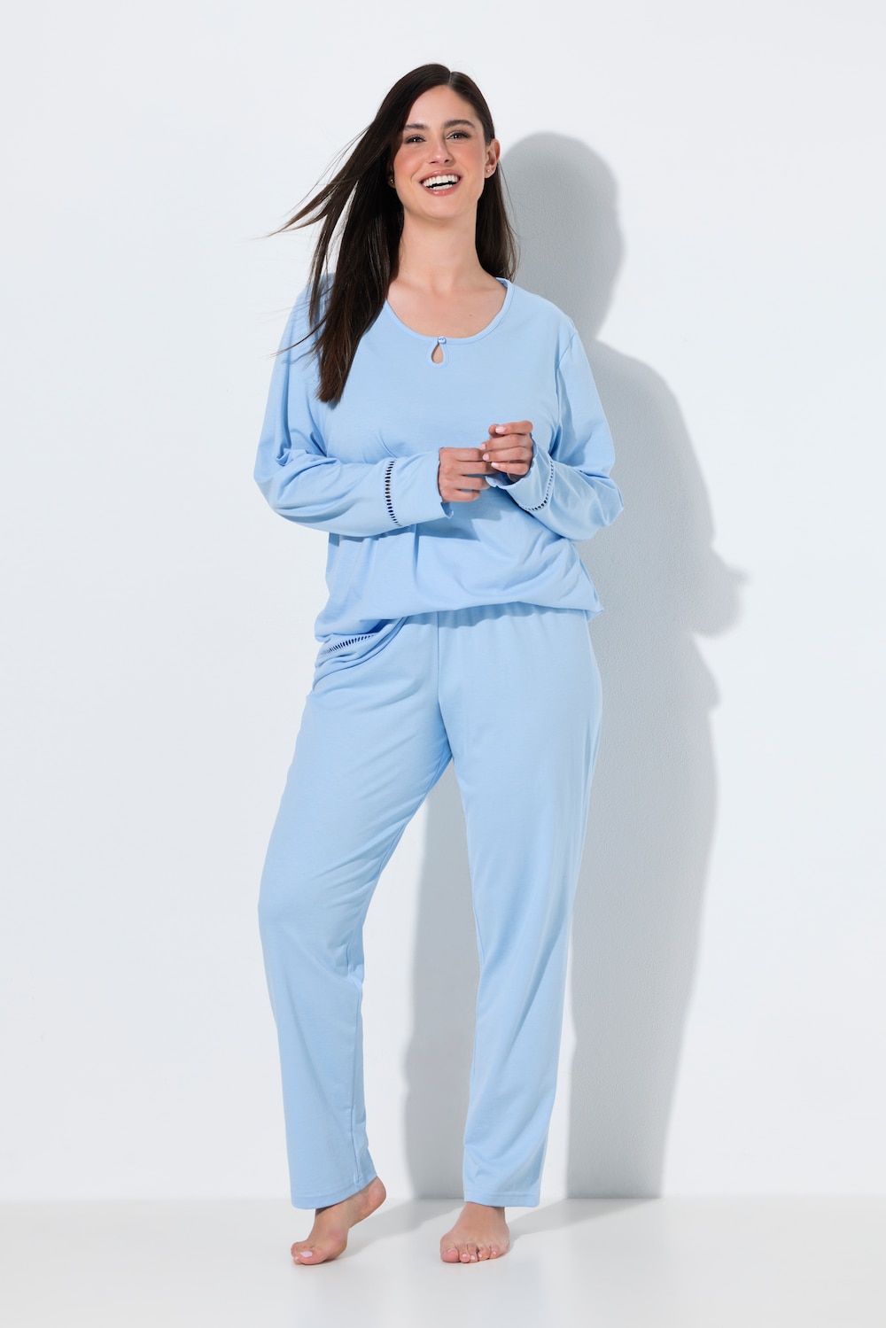 Pyjama, Hohlsaum, Wellenkanten, Rundhals, Langarm