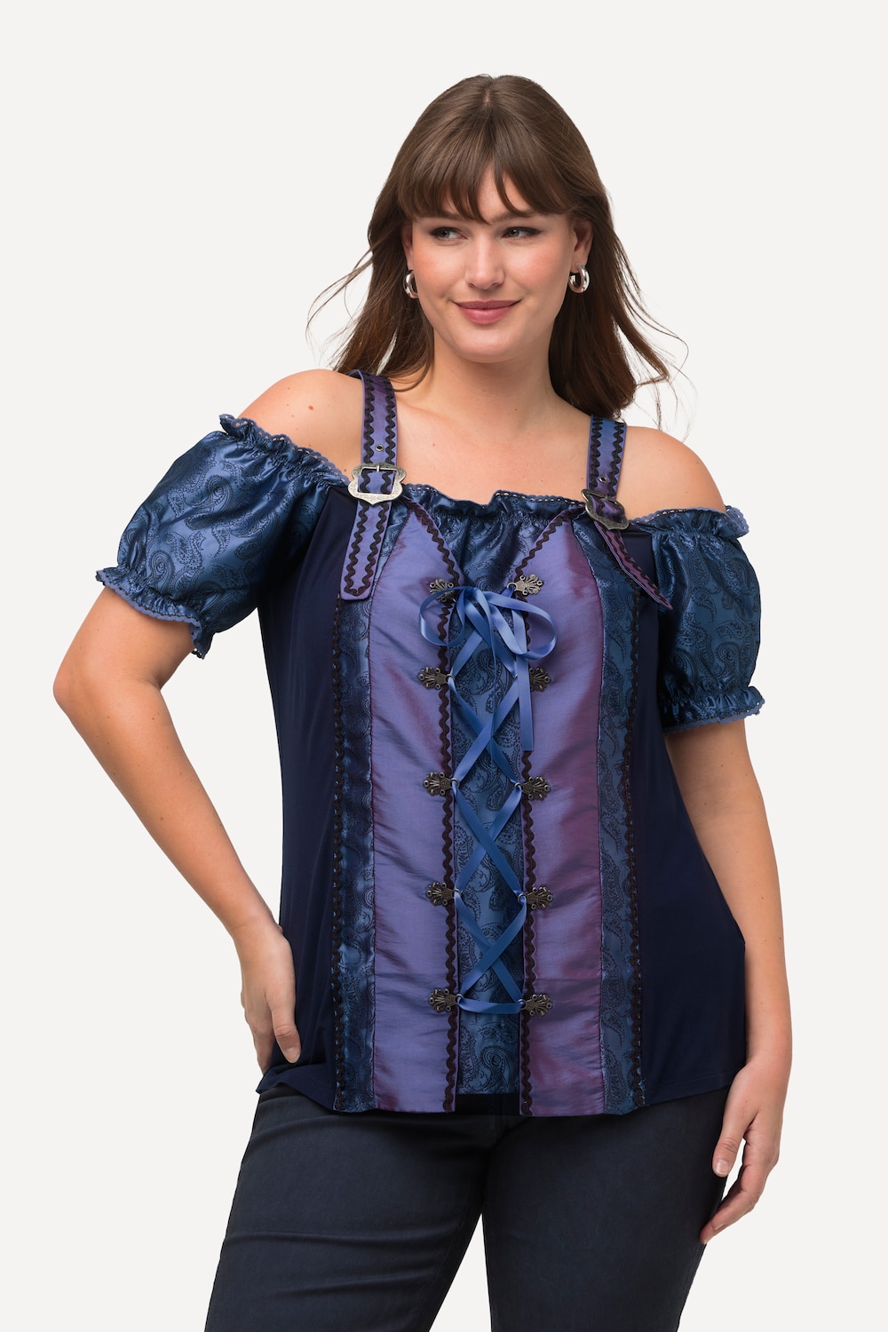 Grote Maten folklore blouse, Dames, blauw, Maat: 54/56, Polyester/Viscose, Ulla Popken