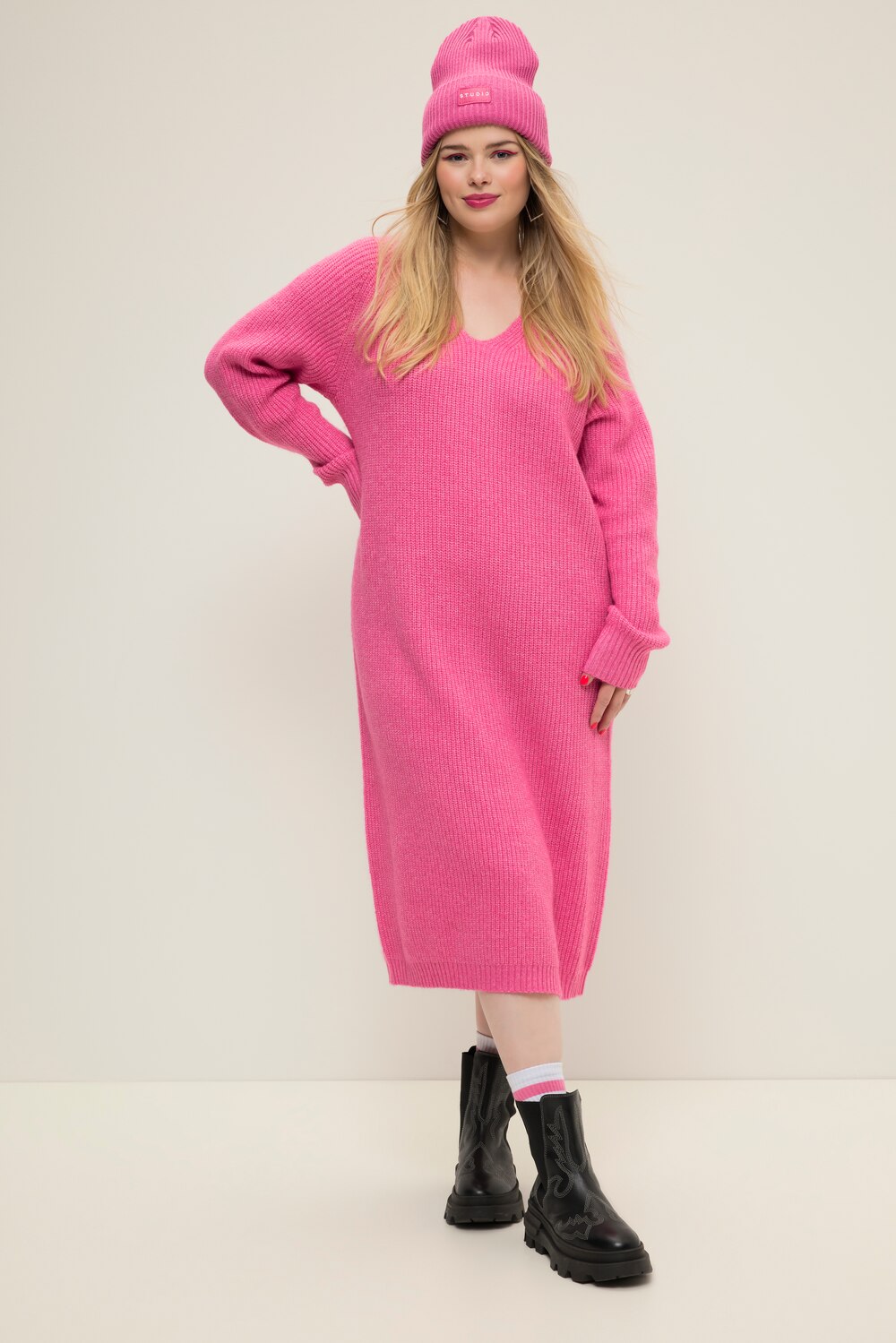 Grote Maten Gebreide jurk, Dames, roze, Maat: 54/56, Synthetische vezels/Polyester, Studio Untold