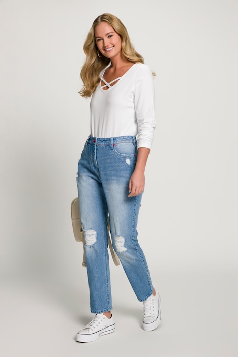 Destroy Effect High Waist Stretch Mom Jeans, Jeans