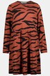 Sukienka midi, linia litery A, zwierzęcy wzór, dżersej, okragły dekolt, długi rękaw