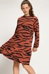 Sukienka midi, linia litery A, zwierzęcy wzór, dżersej, okragły dekolt, długi rękaw