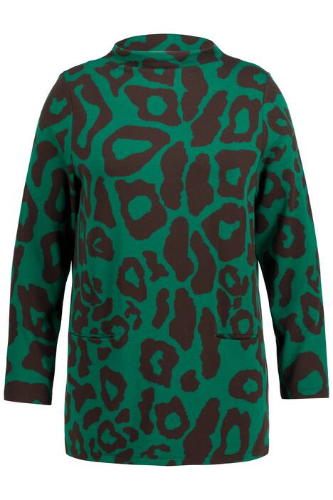 Svetr, leopardí žakár, A střih, stojáček, dlouhé rukávy