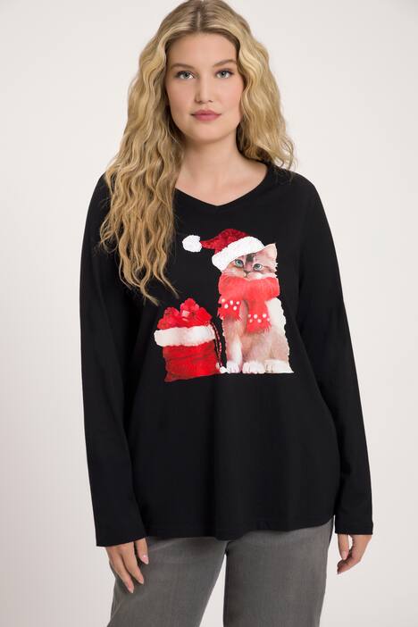 shirt, kerstkat, A-lijn, ronde hals, lange mouwen