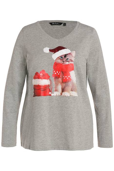 Tričko, vánoční kočka, A střih, kulatý výstřih, dlouhé rukávy