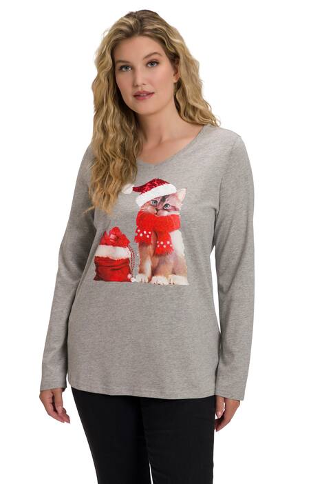 Tričko, vánoční kočka, A střih, kulatý výstřih, dlouhé rukávy