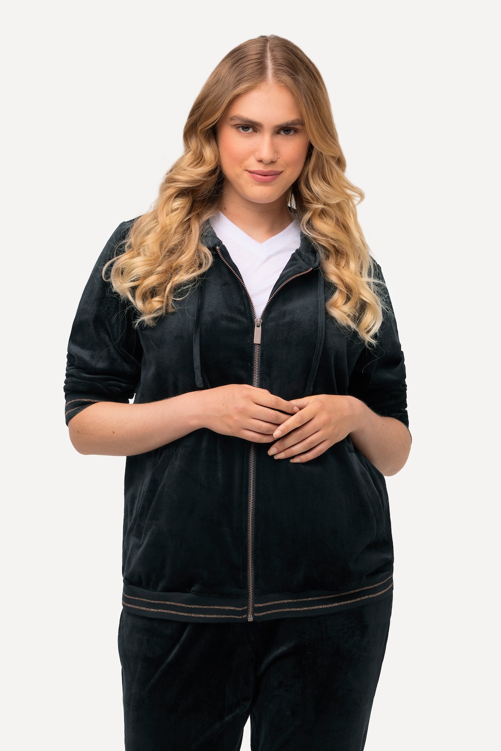 Große Größen Samt-Sweatjacke, Damen, schwarz, Größe: 50/52, Polyester, Ulla Popken