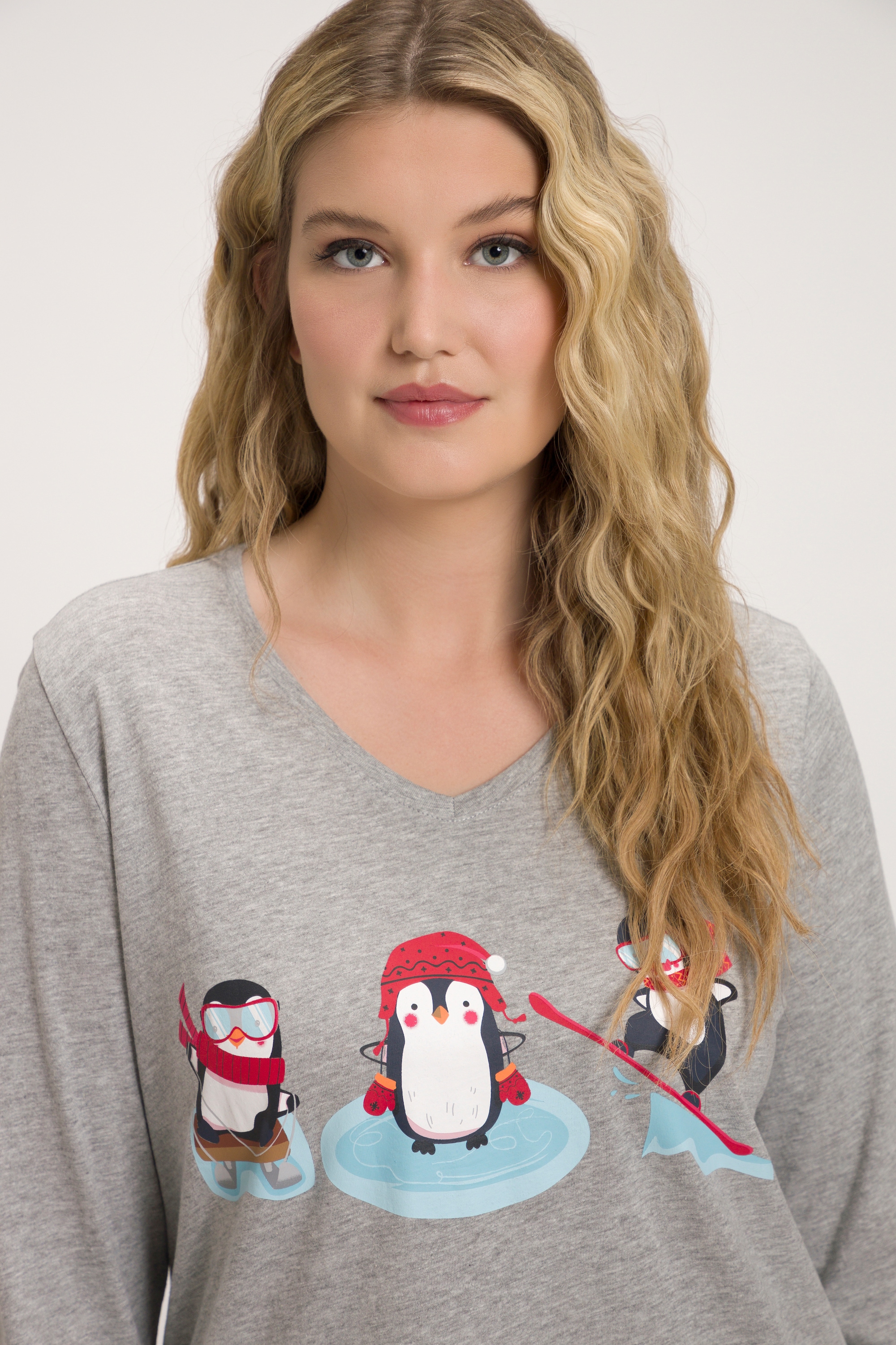 Ulla Popken Damen große Größen Shirt Pinguine Classic V Ausschnitt