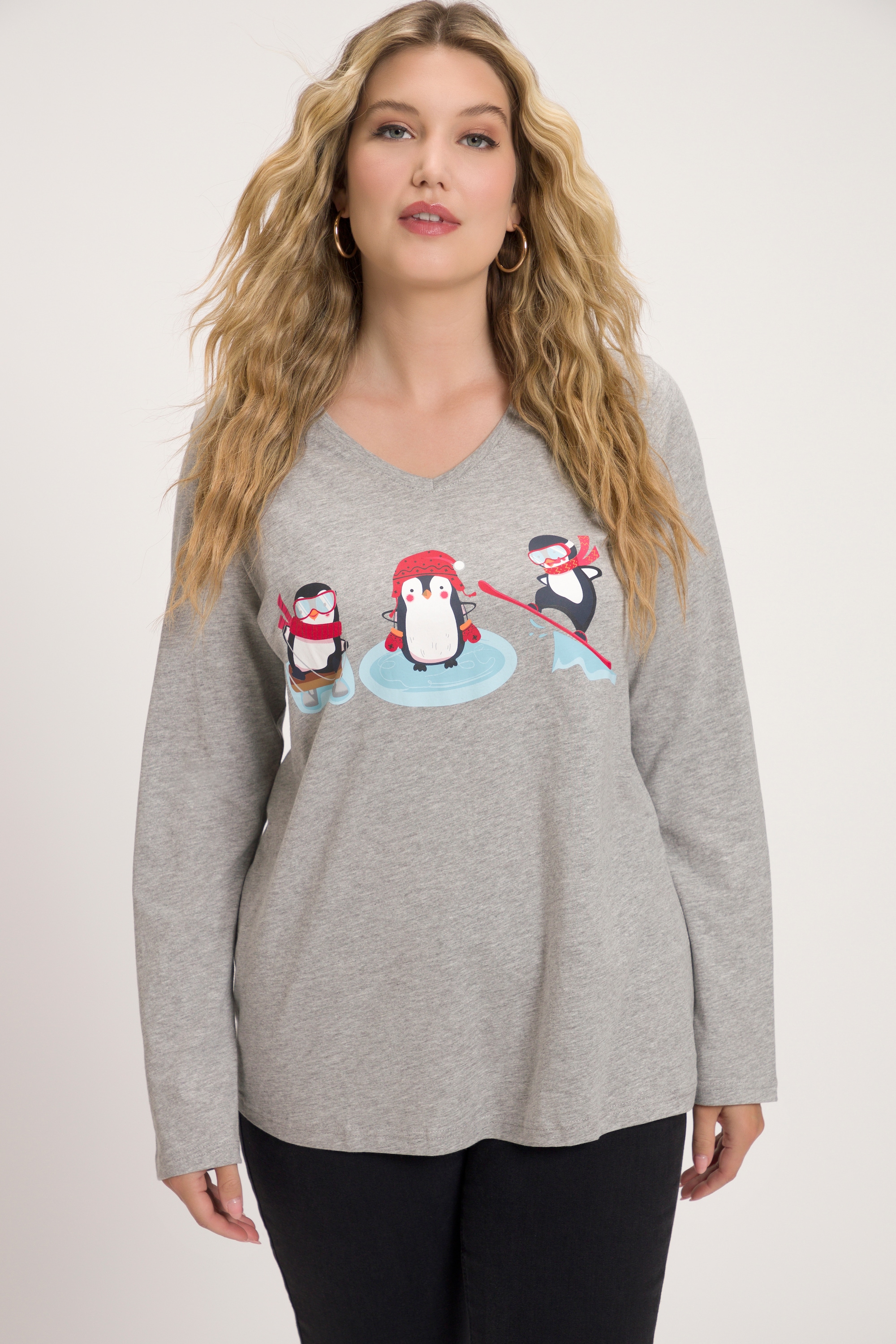 Ulla Popken Damen große Größen Shirt Pinguine Classic V Ausschnitt