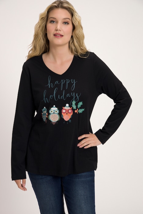HAPPY HOLIDAYS Owl Print V-Neck Tee