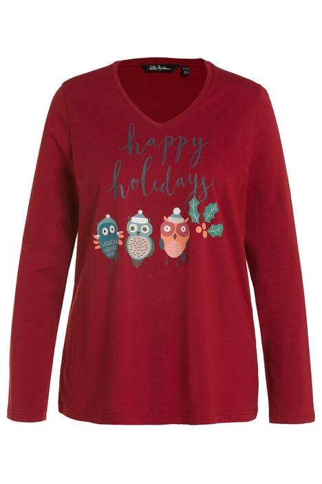 Tričko, vánoční sovy, Classic, výstřih do V, dlouhé rukávy