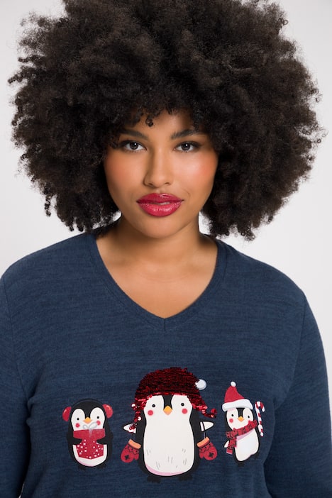 Bluza, pingwin, cekiny, dekolt w szpic, długi rękaw