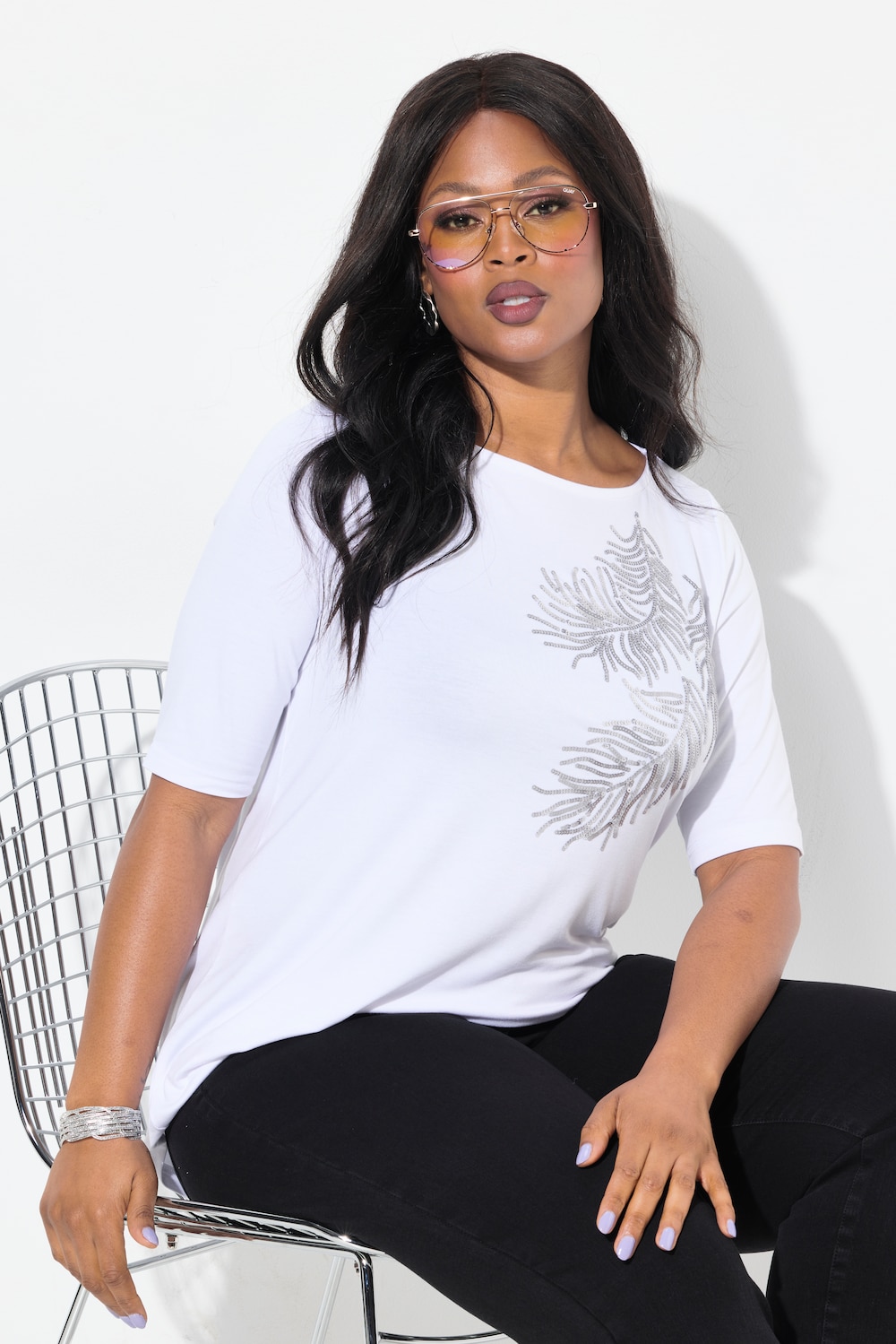 T-Shirt, Pailletten-Blatt, U-Boot-Ausschnitt, Halbarm