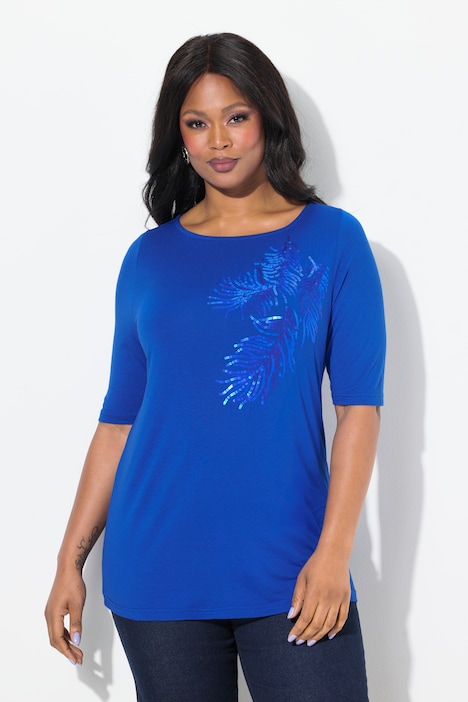 Sequined Leaf Motif 3/4 Sleeve Tee