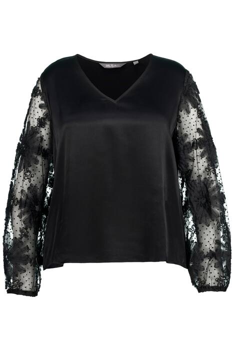 Saténová halenka, květovaná výšivka, výstřih do V, dlouhé rukávy, pružný lem