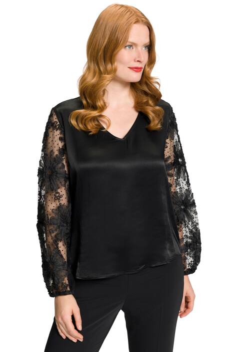 Saténová halenka, květovaná výšivka, výstřih do V, dlouhé rukávy, pružný lem