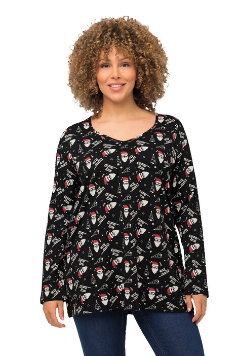 Tričko, vánoční vzor, A střih, srdcový výstřih, dlouhé rukávy