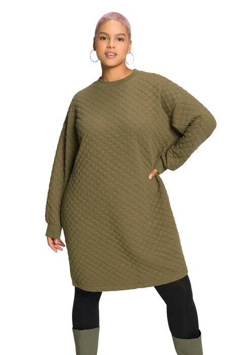 Teplákové midi šaty, oversize, diamantové prošívání, kulatý výstřih, dlouhé rukávy