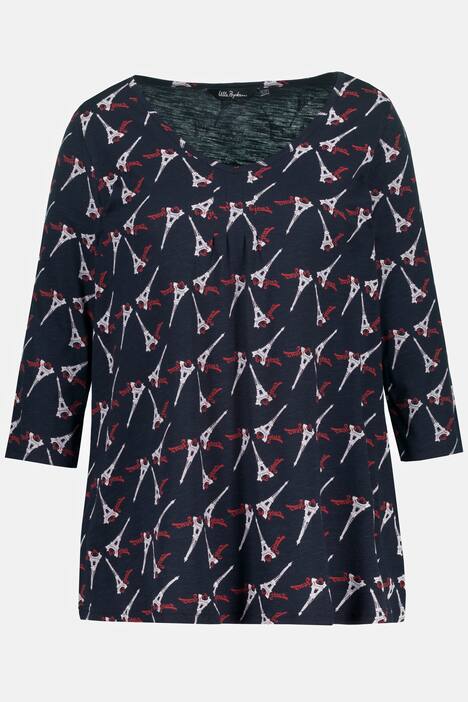 T-shirt, tour Eiffel, ligne en A, col en V, manches 3/4