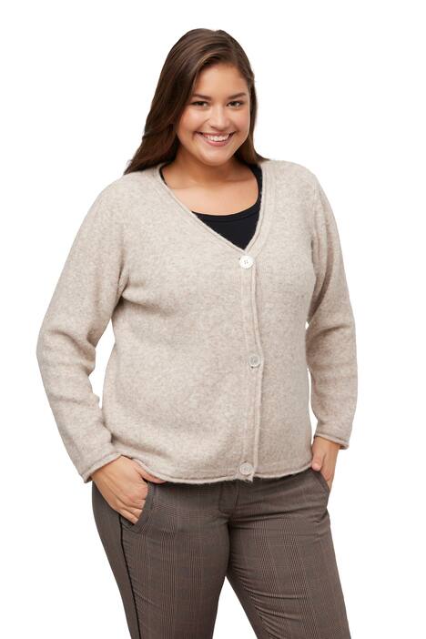 Rozepínací svetr, melírovaný, rolované okraje, výstřih do V