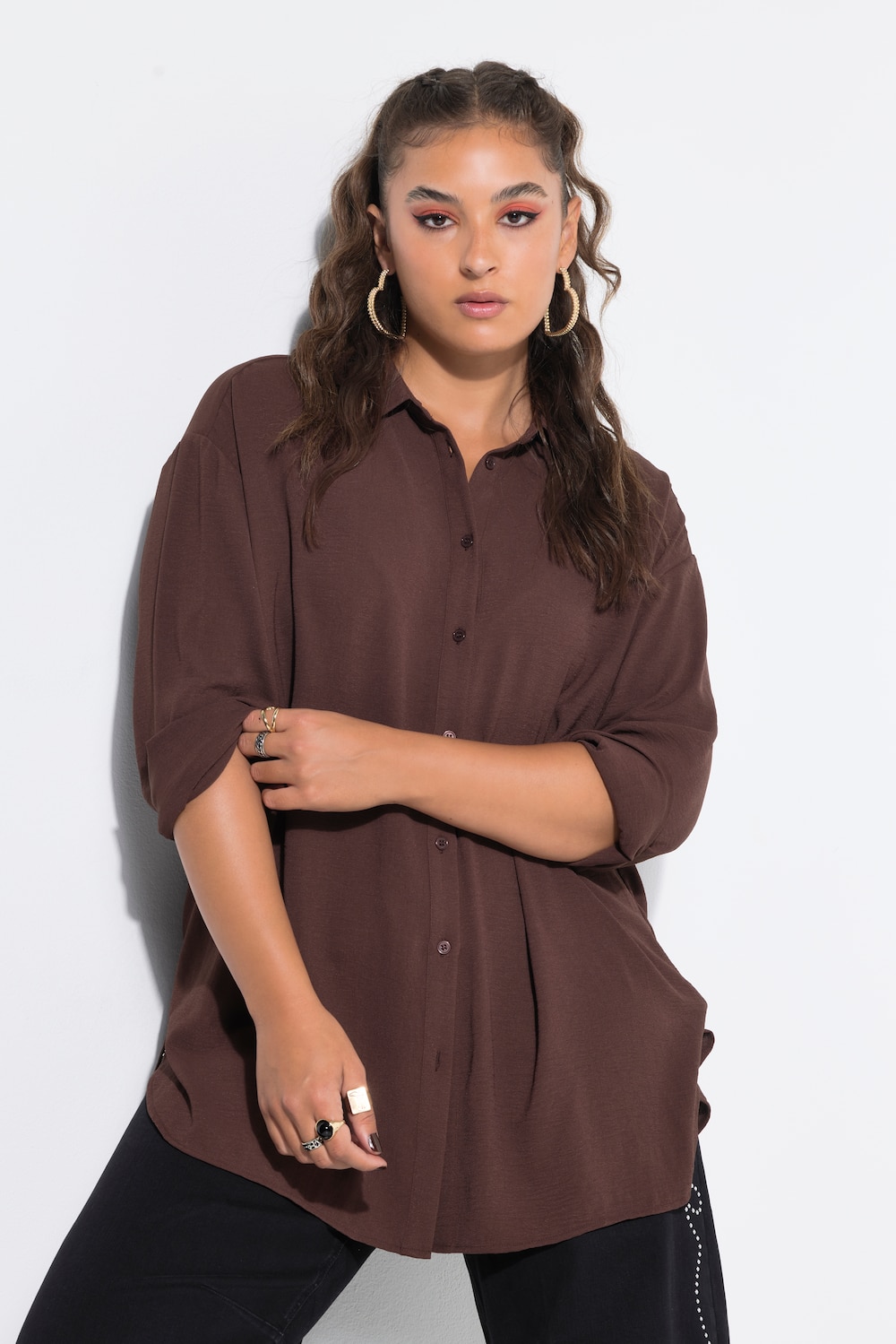 Hemdbluse, oversized, Krepp, Langarm