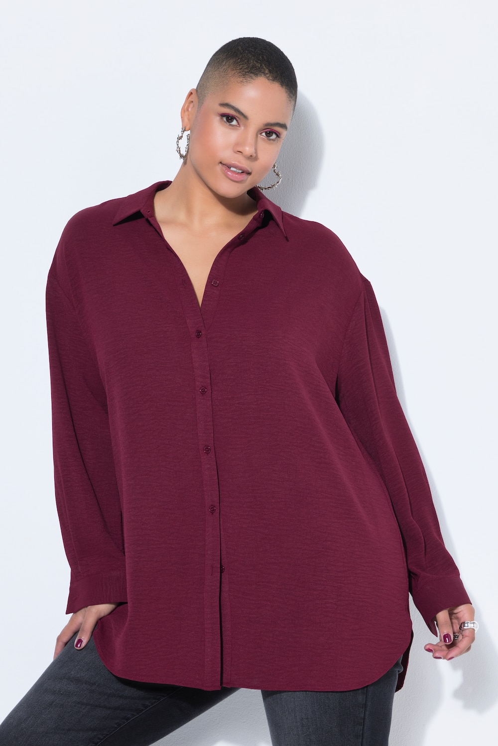 overhemdblouse, oversized, crêpe, overhemdkraag, lange mouwen