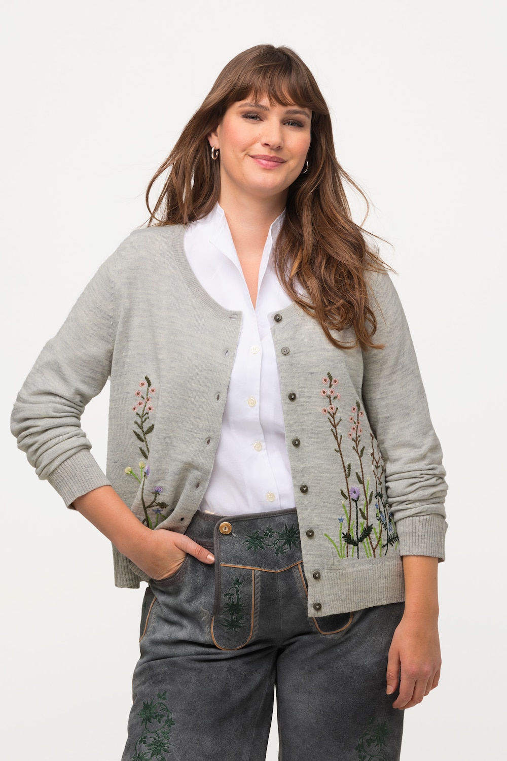 Cardigan, broderie florale, col rond, boutons