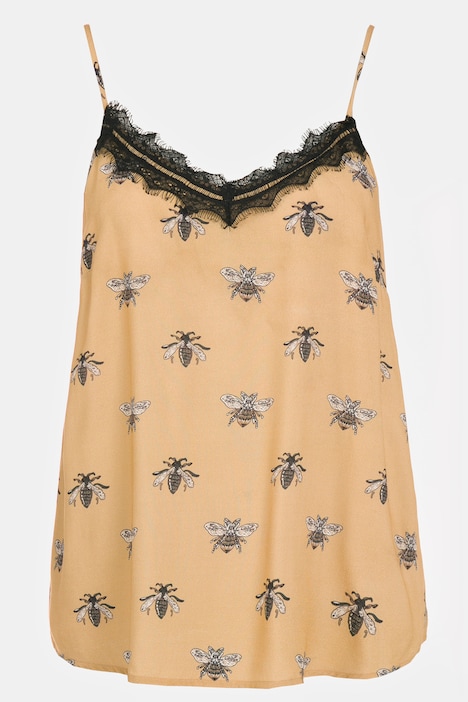 Top, Bee Print, V-Ausschnitt mit Spitze