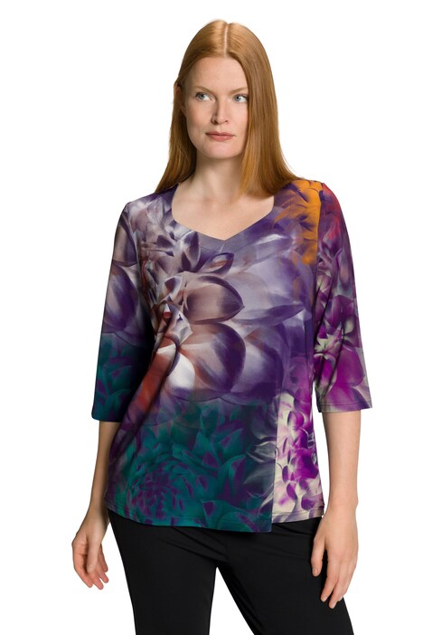 Slinky tričko, květy, srdcový výstřih, 3/4 rukávy