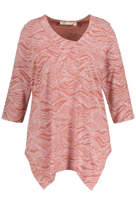 Tričko, A střih, motiv krajiny, asymetrický výstřih do V, 3/4 rukávy, cípový lem