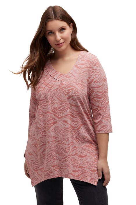 Tričko, A střih, motiv krajiny, asymetrický výstřih do V, 3/4 rukávy, cípový lem