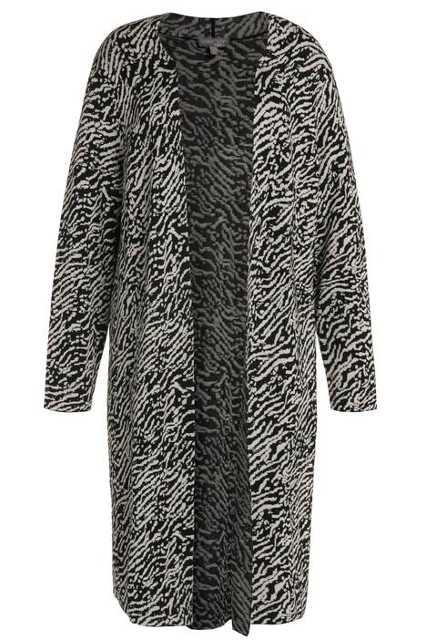 Dlouhý rozepínací svetr, zebra design, otevřený střih, šálový límec