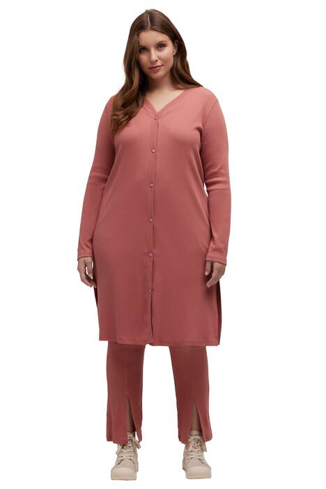 Dlouhý rozepínací svetr, žebrovaný žerzej, výstřih do V, biobavlna