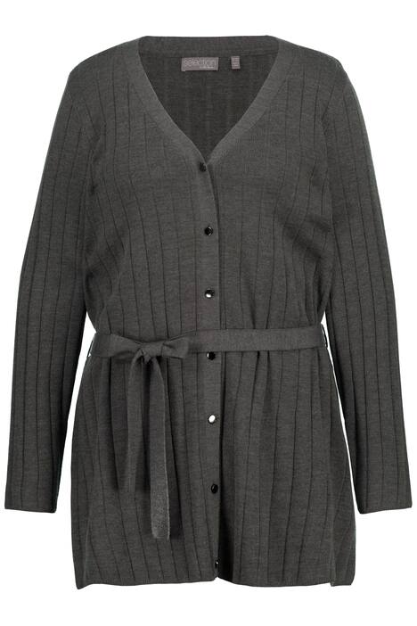 Rozepínací svetr, vlněná směs, žebrovaný úplet, výstřih do V, pásek