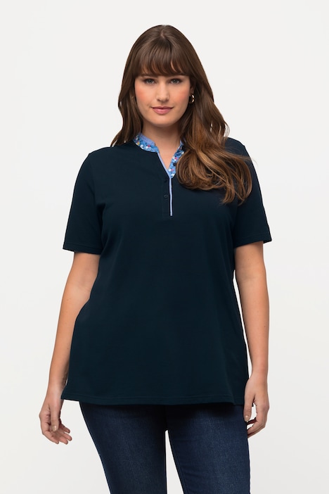 Poloshirt, Stehkragen, Blütendetails,  Classic, Halbarm