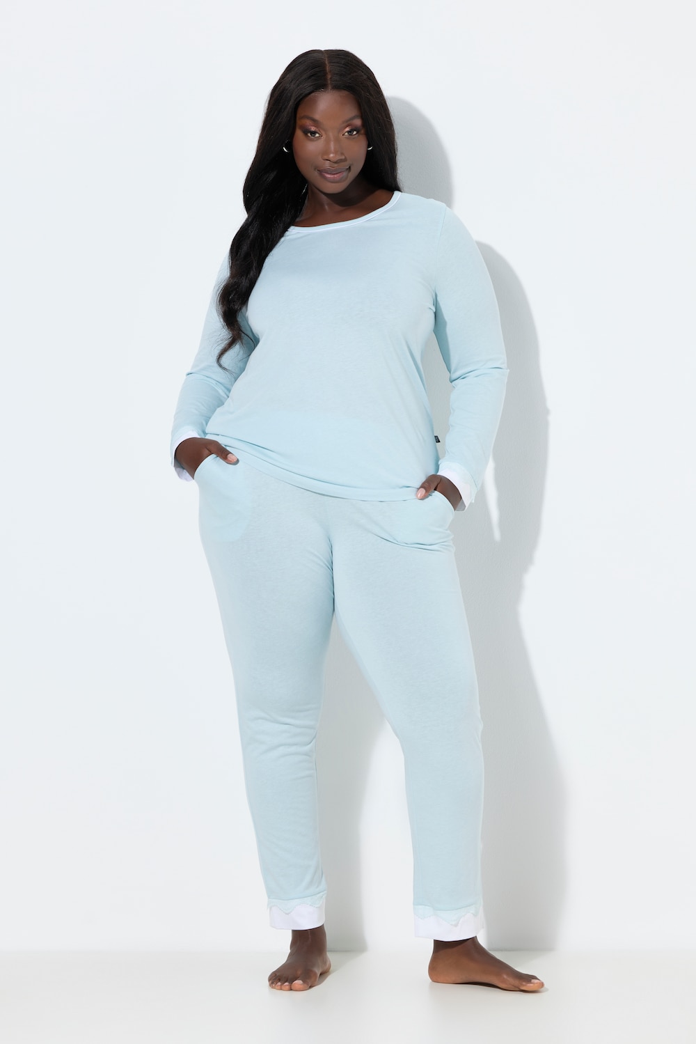 Pyjama, Zweiteiler, Spitze, Rundhals, Langarm