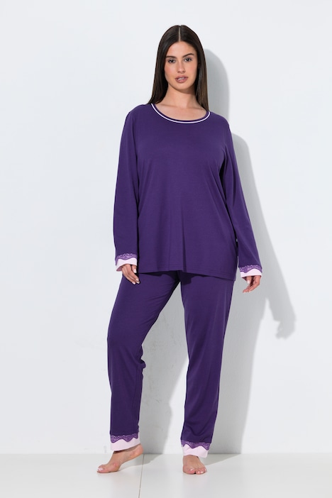 Pyjama, Zweiteiler, Spitze, Rundhals, Langarm