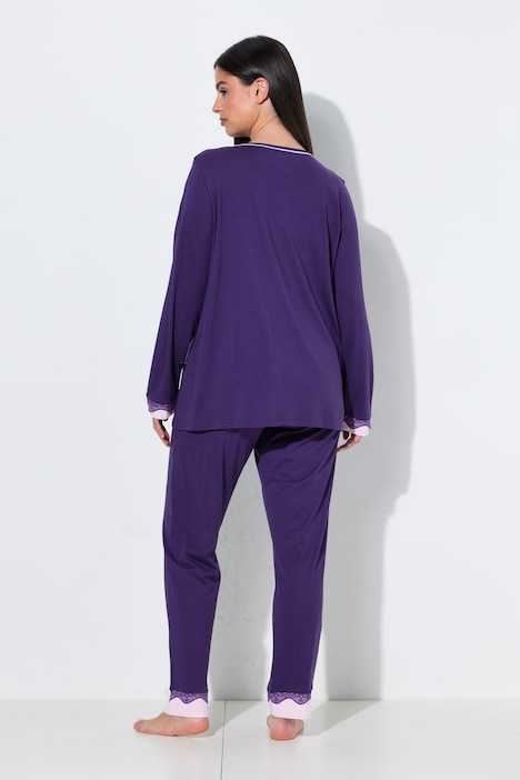 Pyjama, Zweiteiler, Spitze, Rundhals, Langarm