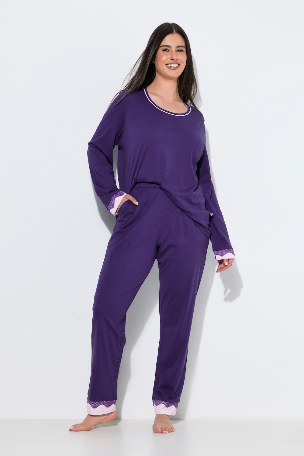 Pyjama, Zweiteiler, Spitze, Rundhals, Langarm